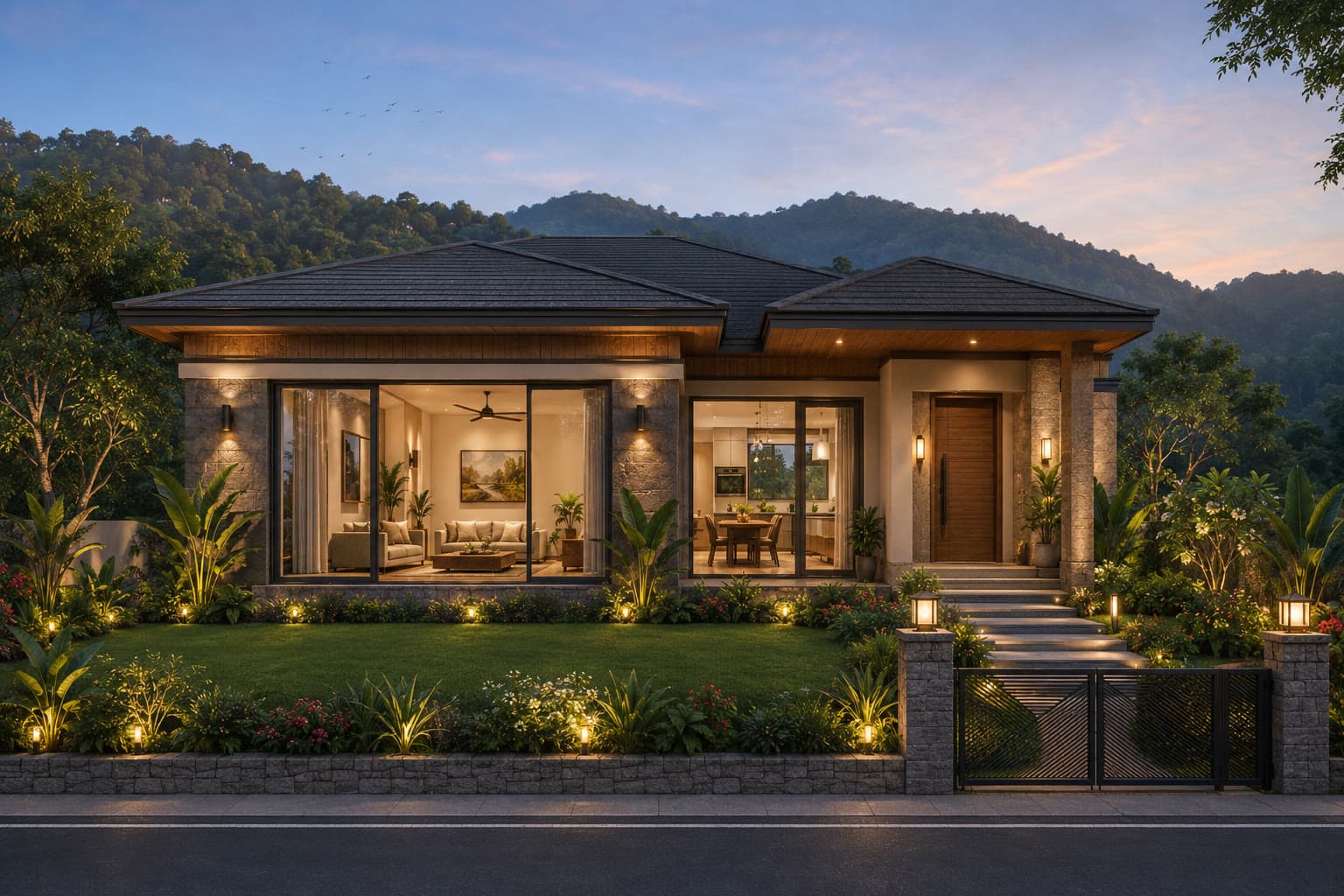 Ekant Villas — front view at dusk, hill-view villa with landscaped garden