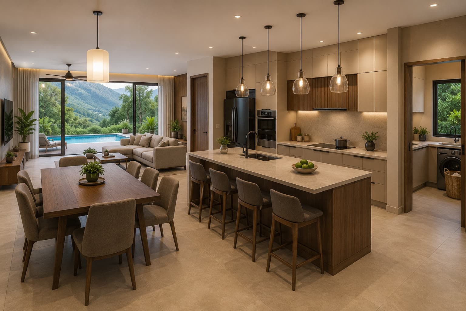 Ekant Villas — open kitchen, dining and living area with valley view