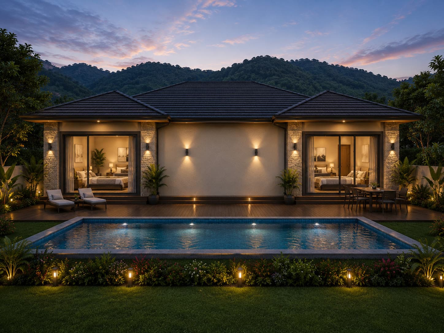 Ekant Villas — private swimming pool and rear deck at dusk