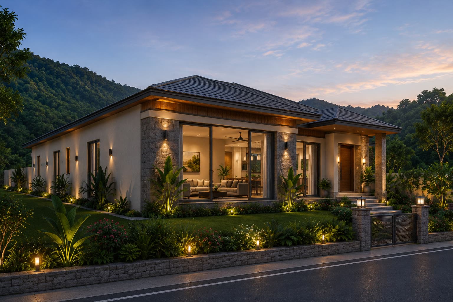Ekant Villas — side elevation with stone facade and landscaping
